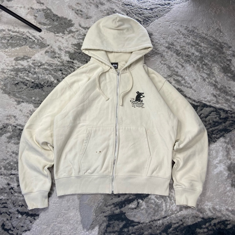 Stüssy Rat Y2K Graphic Full Zip Hoodie VTG Off-White‎ Sz L